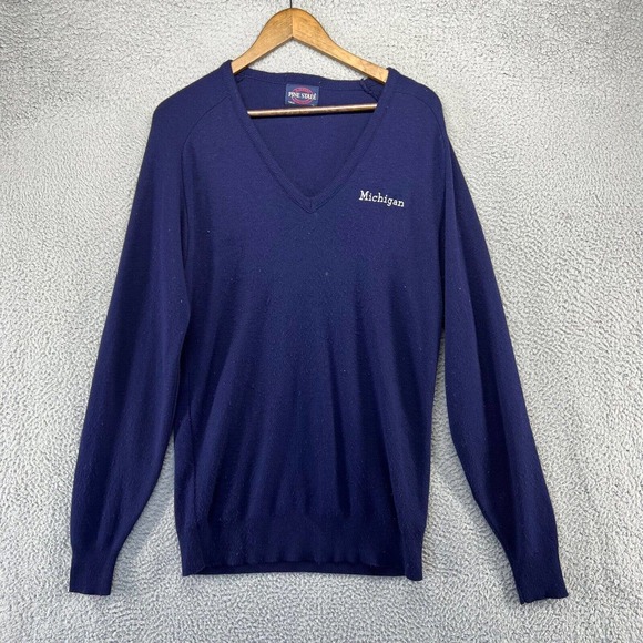Vintage Michigan Sweater Men's large Tall Blue Embroidered Spellout Acrylic 90s - Picture 1 of 14